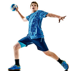 one caucasian handball player teenager boy in studio isolated on white background