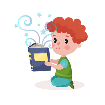 Cute little redhead boy reading fairytale book, kids imagination concept colorful cartoon vector Illustration