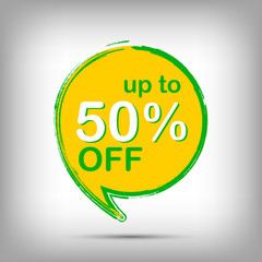50% off green and yellow sale tag, special offer sticker. Round Discount label, vector promotion symbol