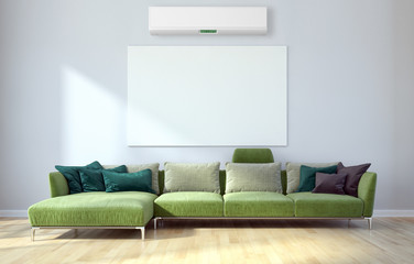 Modern bright empty room with air conditioning, white wall. 3D rendering