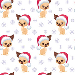 Christmas seamless pattern with the image of little cute puppies in the hat of Santa Claus. Children's vector background.