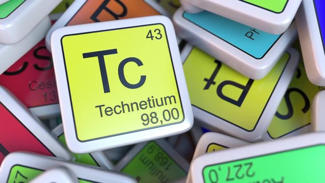 Technetium Tc block on the pile of periodic table of the chemical elements blocks. Chemistry related intro animation