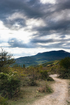 dark gray clouds over mountan valley in Crimea
