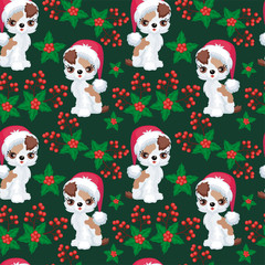 Christmas seamless pattern with the image of little cute puppies in the hat of Santa Claus. Children's vector background.