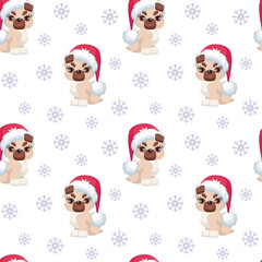 Christmas seamless pattern with the image of little cute puppies in the hat of Santa Claus. Children's vector background.