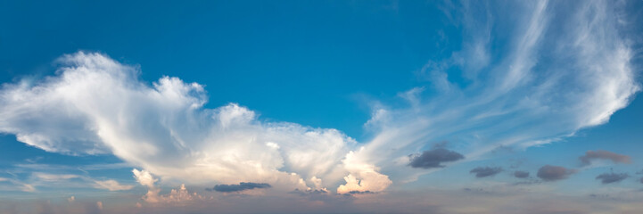 Vibrant color panoramic sky with cloud on a sunny day. Beautiful cirrus cloud. Panorama high resolution photograph.