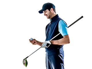 one caucasian man golfer golfing in studio isolated on white background