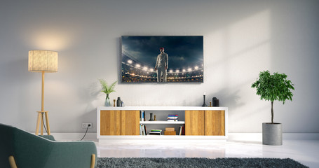 Living room led tv showing cricket game
