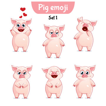 Vector set of cute pig characters. Set 1