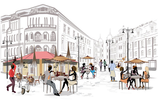 Series of backgrounds decorated with old town views and street cafes. Hand drawn Vector Illustration.

