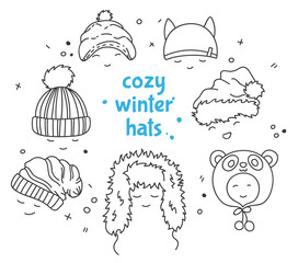 Cozy winter hats, vector illustration