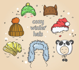 Cozy winter hats, vector illustration