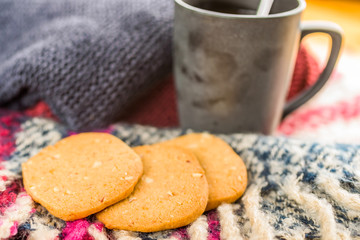 Home baked almond cookies and a mug of coffee on colorful picnic blanket. Sweaters in background.