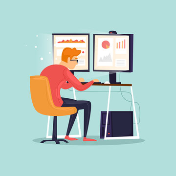 Young man working on the computer programmer, business analysis, design, strategy. Flat vector illustration in cartoon style.