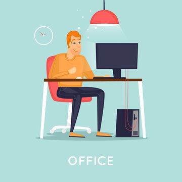 Young man working on the computer programmer, business analysis, design, strategy. Flat vector illustration in cartoon style.