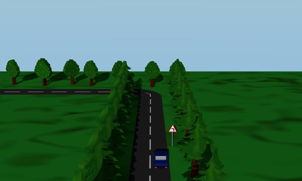 Ansicht der Straßensituation Kurve Links  mit  deutschem Verkehrsschild und blauen Auto.