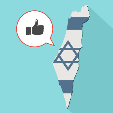 Animation of a long shadow Israel map with its flag and a comic balloon with a thumb up hand - like