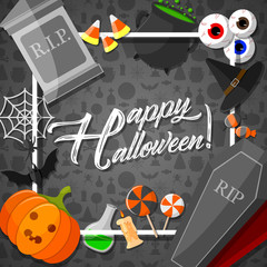 Halloween banner with flat icons stickers on black background