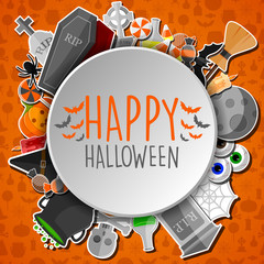Happy halloween round banner with flat icons stickers on orange background