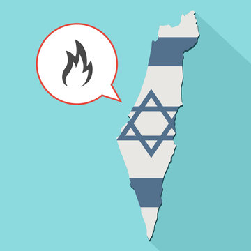 Animation of a long shadow Israel map with its flag and a comic balloon with a flame