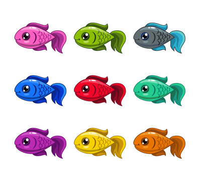 Funny cartoon colorful fishes set.