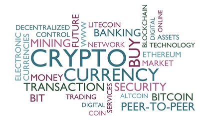 Crypto currency word tag cloud. 3D rendering, white variant.