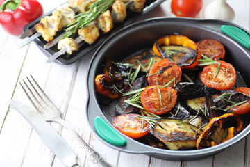 Vegetables grilled pan fried eggplant and tomatoes