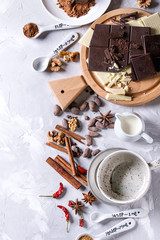 Ingredients for cooking hot chocolate. White and dark chopping chocolate on board, cocoa powder, cocoa beans, cream, cinnamon, sugar in spoons. Over gray texture background. Top view with copy space