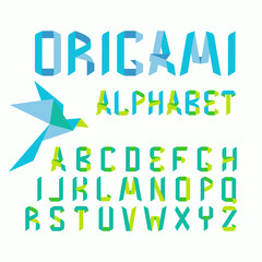 Poster with paper folded uppercase alphabet and a bird. Modern geometric font. Isolated letters signs on white background. Vector illustration.