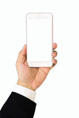 Hand of business man, wearing suit, holding smartphone with blank screen. Isolated on white background.