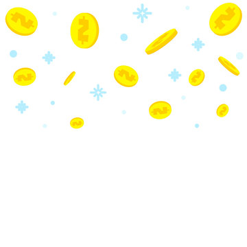 Golden dollar coins falling down with snow on white background. Fundraising success business concept. Financial contribution. Mobile payments banner. Investment, saving symbol. Vector illustration.