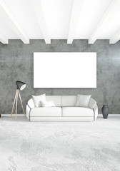 White bedroom or livingroom minimal style interior design with stylish wall and sofa. 3D Rendering. Conept of show room