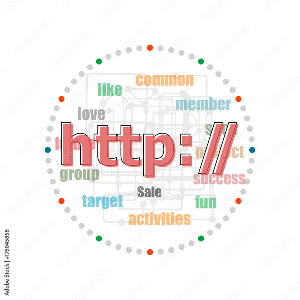 Aufkleber text http. web design concept . word collage with different association terms