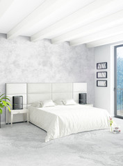 White bedroom or livingroom minimal style interior design with stylish wall and sofa. 3D Rendering. Conept of show room