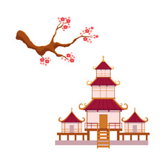 Asian japan china oriental symbols concept set. Blooming sakura branch with flowers, traditional pagoda building temple. Isolated flat vector illustration on a white background