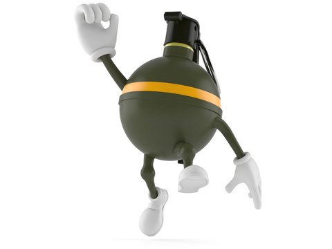 Hand grenade character jumping in joy