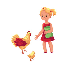 vector flat cartoon young teen girl feeding domestic birds - chickens and chick. Children at farm concept. Isolated illustration on a white background.