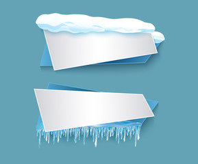 Obraz premium vector cartoon realistic white, blue winter empty banner templates wit snow caps, icicles set. Illustration on grey background with space for your text. Christmas, new year holidays design element