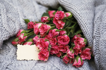 Bouquet of red roses on textile sweater