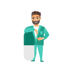 vector flat cartoon young male doctor, physician in green medical clothing leaning at big huge pill smiling. Isolated illustration on a white background.