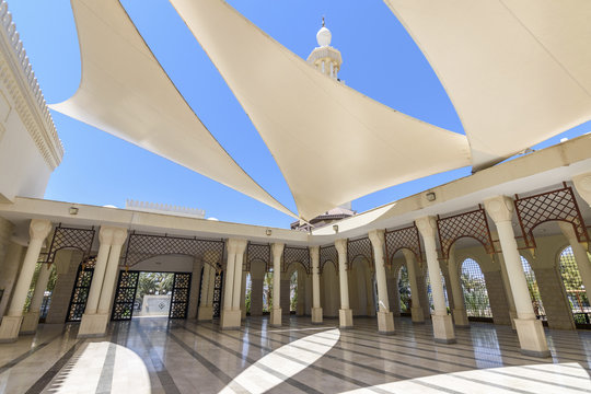 Atrium of a mosque with sun sails giving shade, Aqaba, 