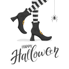 Text Happy Halloween with witches legs in shoes and spider