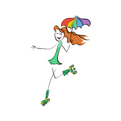 Doodle stickman illustration concept. Roller cyber-girl with rainbow umbrella