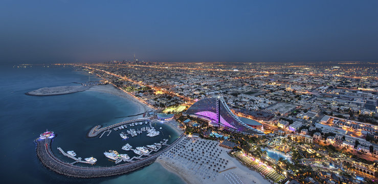 Aerial view of the Dubai city buildings at night