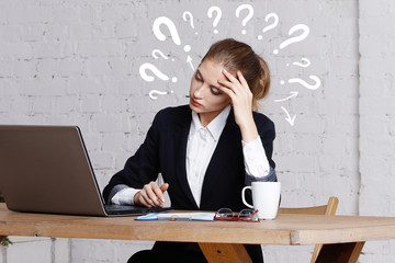 Business question woman work in office on notebook.