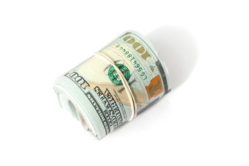 US Dollars roll lays isolated on white background