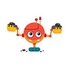 vector flat cartoon funny friendly robot. Humanoid boy character with crawler tracks, ladle arms, antenna on head smiling. Isolated illustration on a white background. Childish futuristic android.