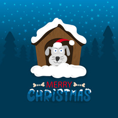 Merry Christmas card. Vector Illustration Dog, house cartoon.