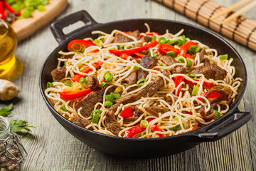 Chinese pasta with beef. Prepared in wok.