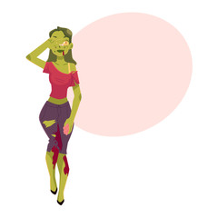 Girl, woman dressed as zombie monster, Halloween party costume, cartoon vector illustration with space for text. Woman, girl dressed as sppoky zombie, green paint, Halloween party costume